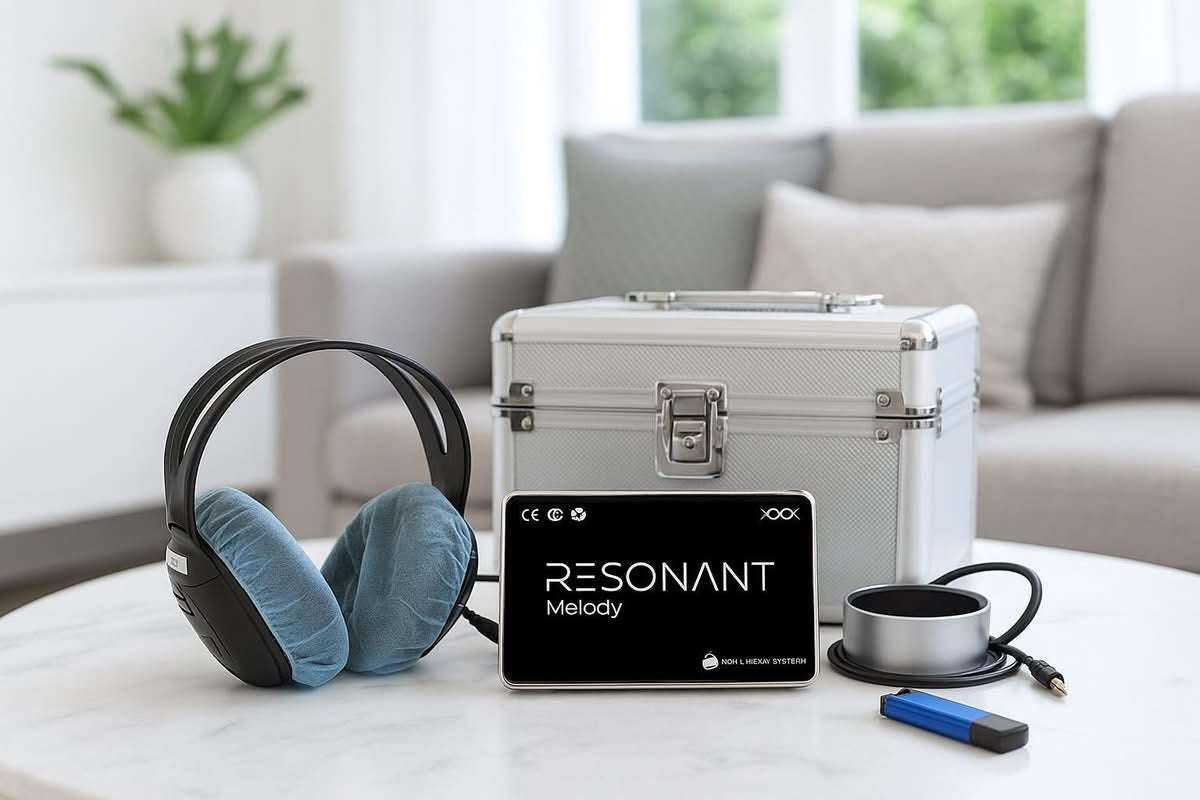 Resonant Melody audio equipment on a table with headphones and a portable device.